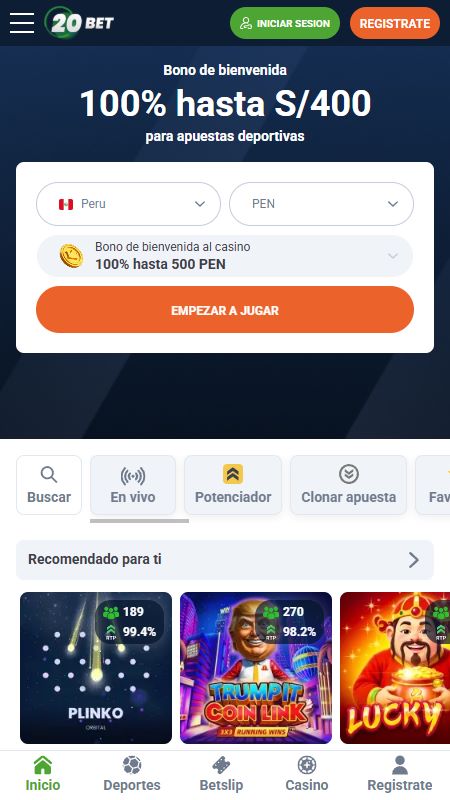 Página principal de 20Bet en línea
