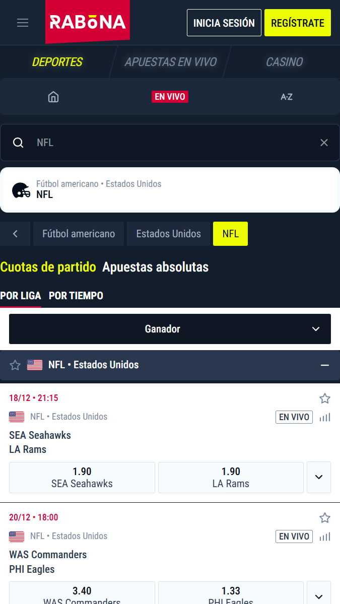Apuestas a partidos de la NFL en Rabona