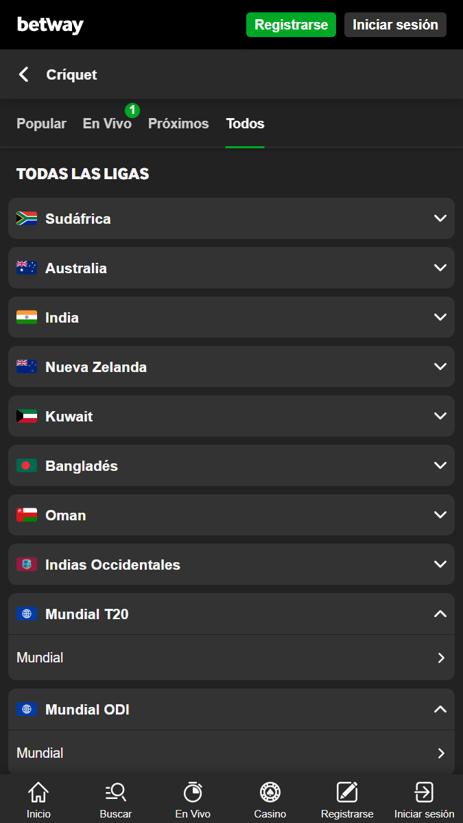 Interfaz de apuestas cricket en Betway España