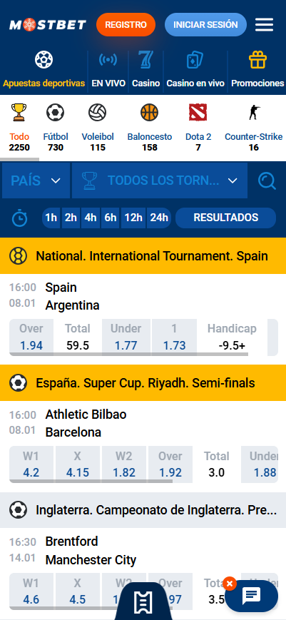 Interfaz de apuestas deportivas de Mostbet