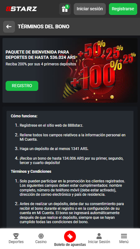 Paquete de bienvenida en 888Starz
