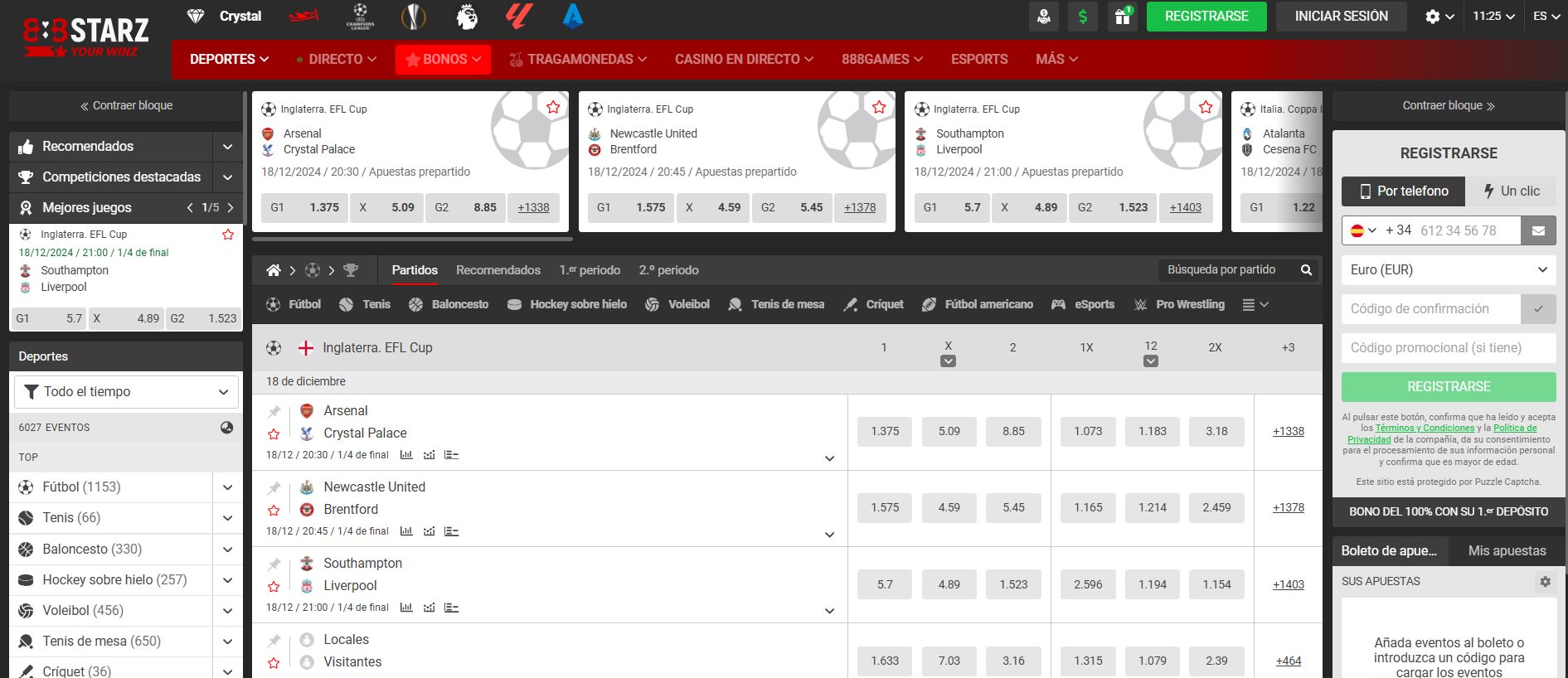 Sección de apuestas deportivas en línea en 888starz