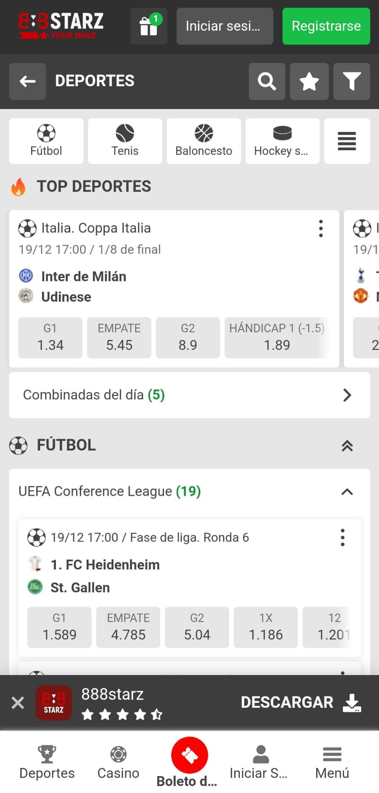 Sección de apuestas deportivas en línea en 888starz