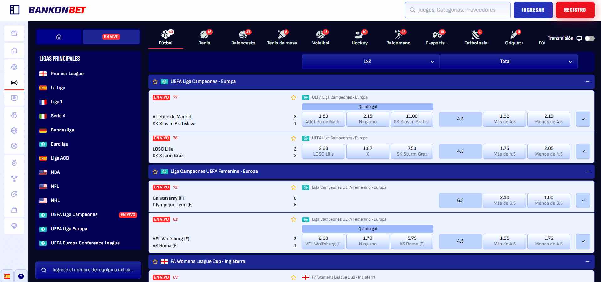 Interfaz de apuestas en vivo de BankonBet