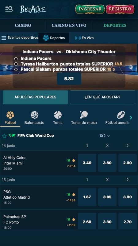 Interfaz de apuestas deportivas de BetAlice
