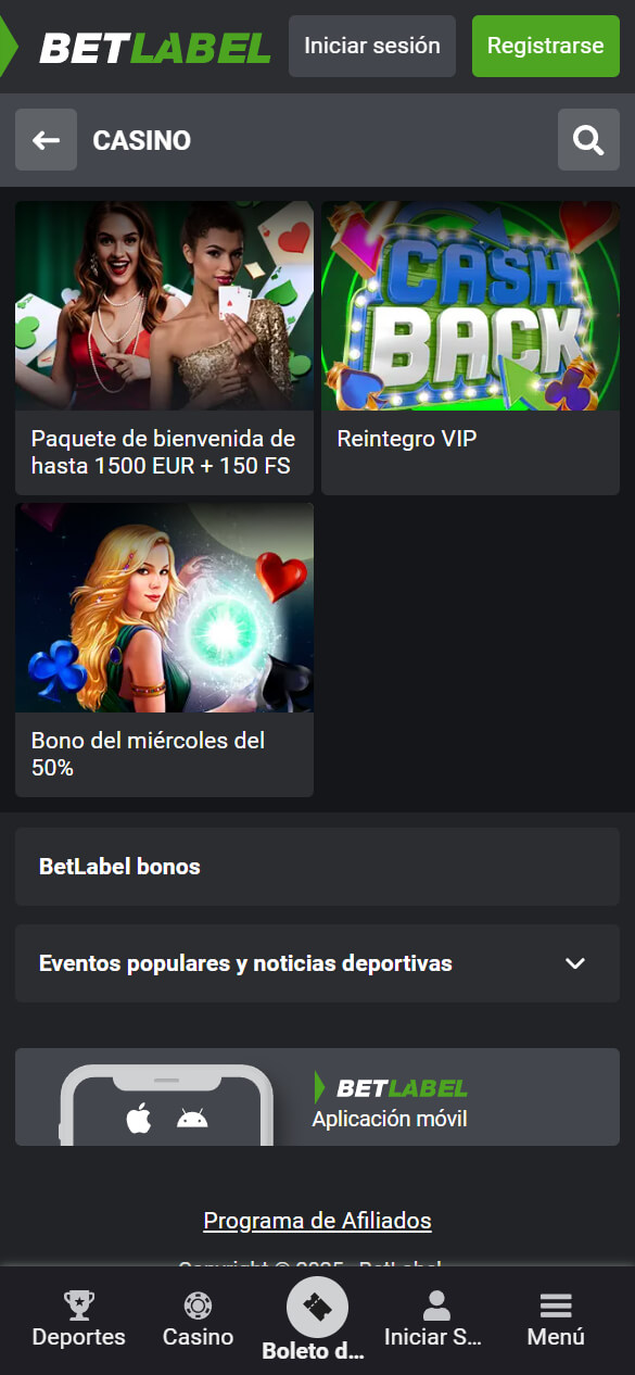 Página de promociones en Betlabel