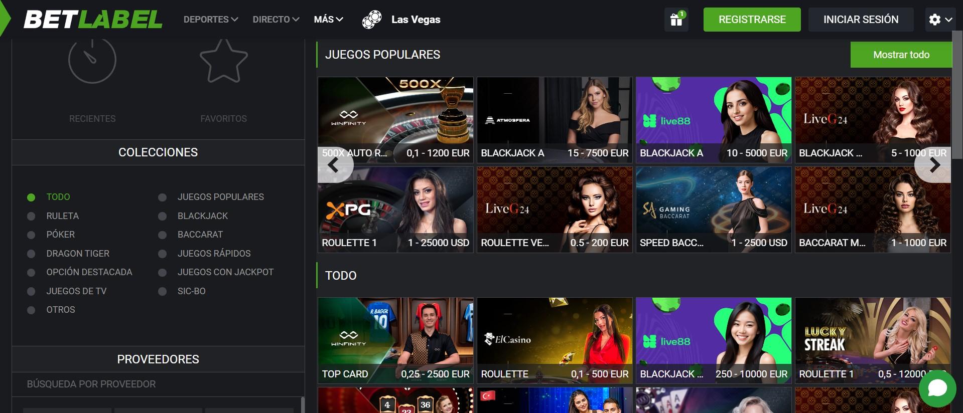 Interfaz del casino en vivo de Betlabel 