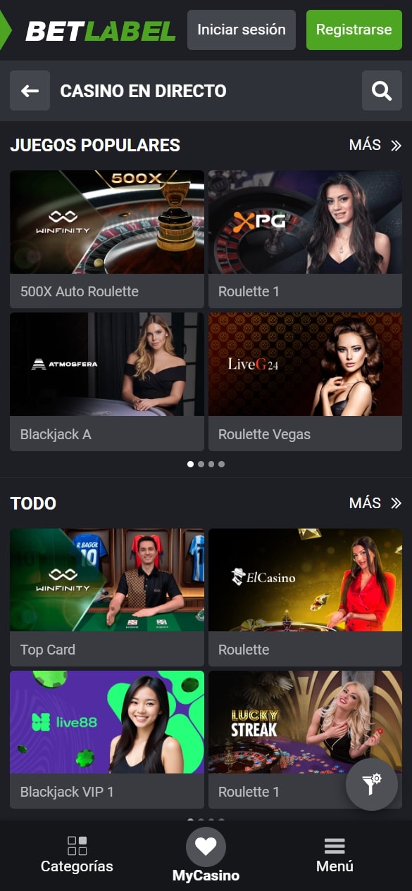 Interfaz del casino en vivo de Betlabel
