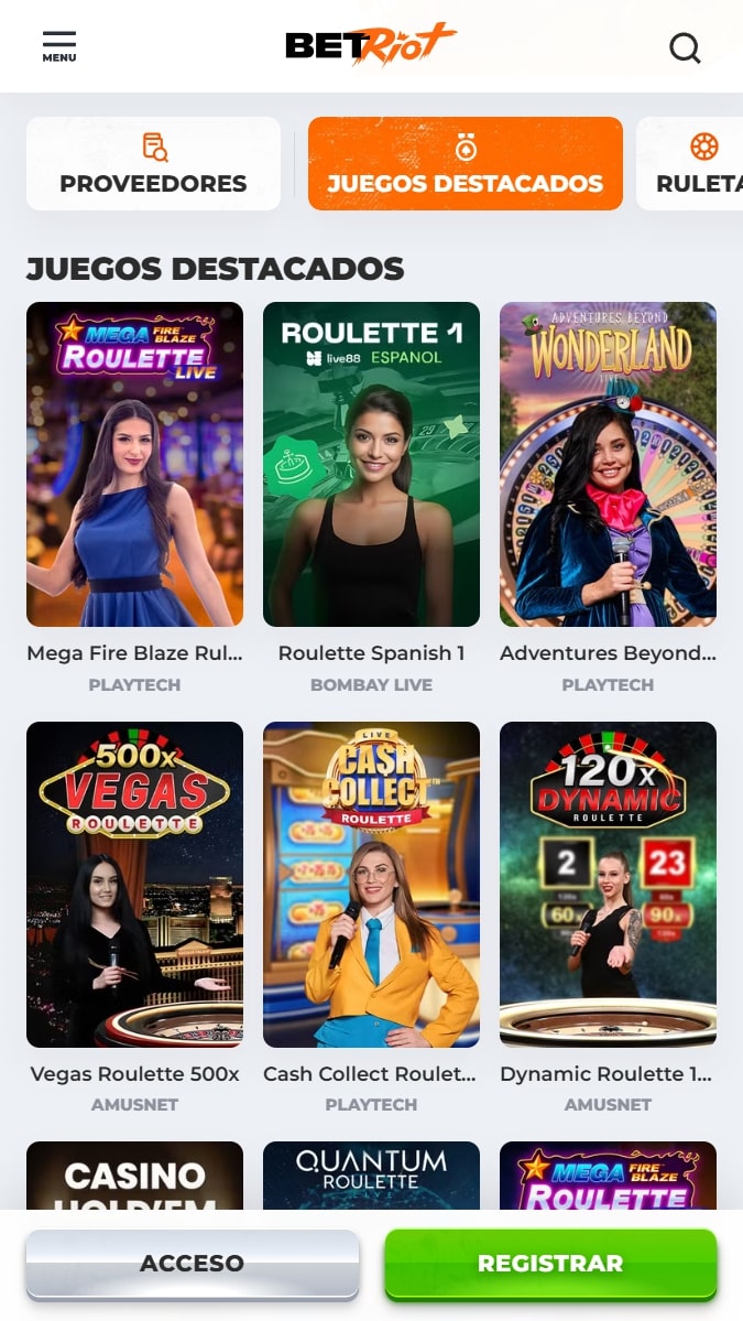 Interfaz de casino en vivo BetRiot