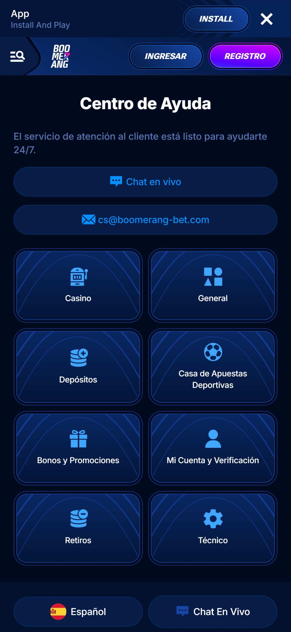 Boomerang-bet Bookmaker Support Spain (mobile), apuestaes.net