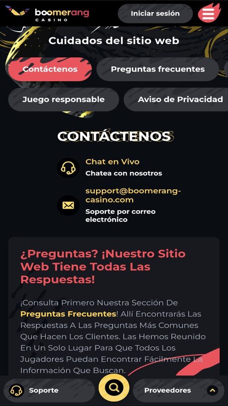 Contactos disponibles Atención al cliente en Boomerang Casino