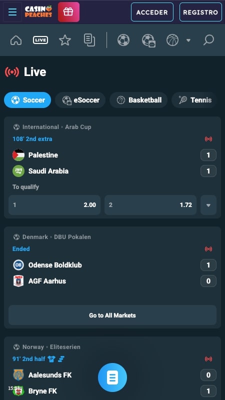 Interfaz de apuestas en vivo de CasinoPeaches