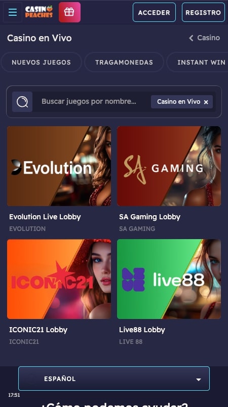 Interfaz del casino en vivo de CasinoPeaches