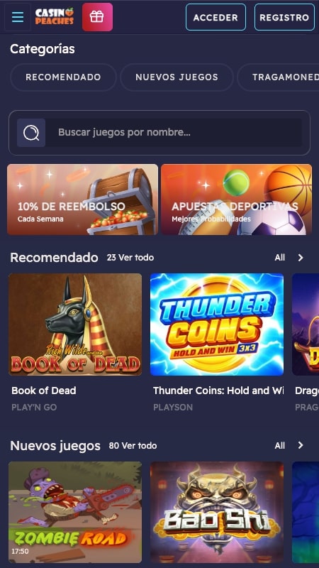 Interfaz del casino de CasinoPeaches