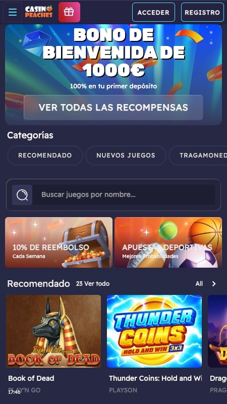 Página principal de la casa de apuestas CasinoPeaches