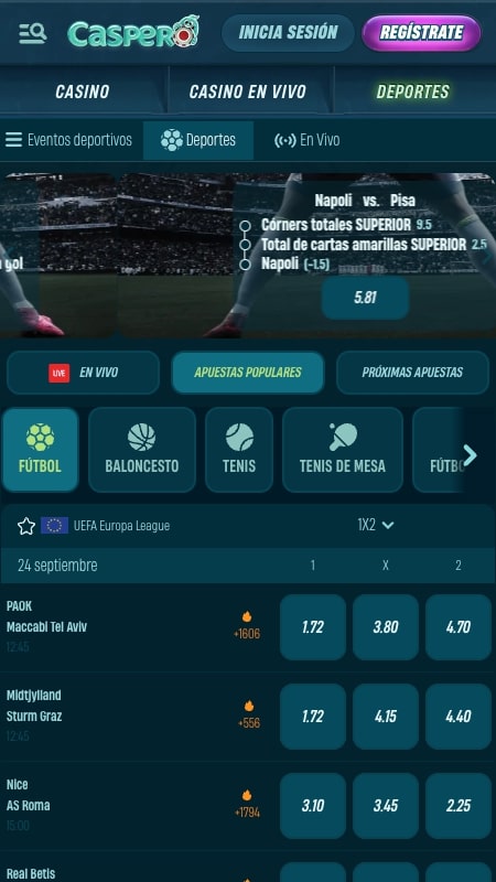 Interfaz de apuestas deportivas de Caspero