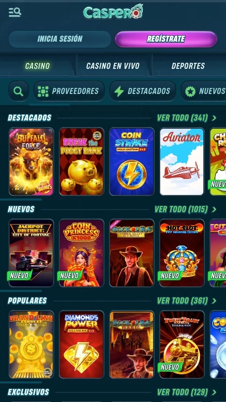 Interfaz del casino de Caspero
