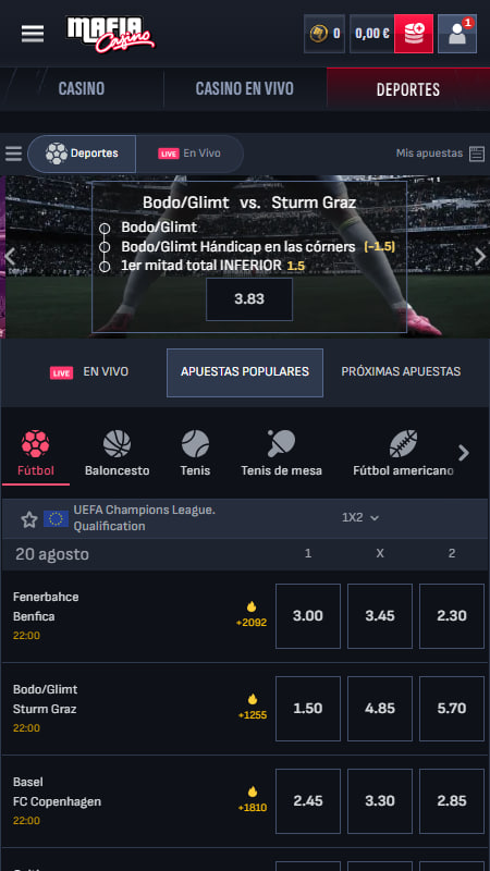 Deportes y mercados en Mafia Casino Casa de Apuestas