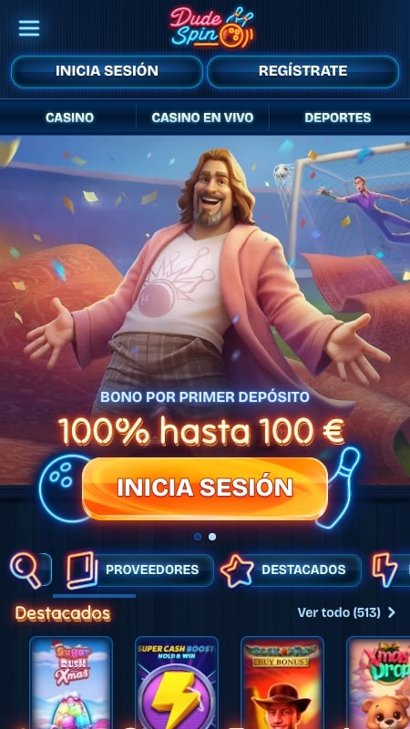 Página principal de la casa de apuestas DudeSpin