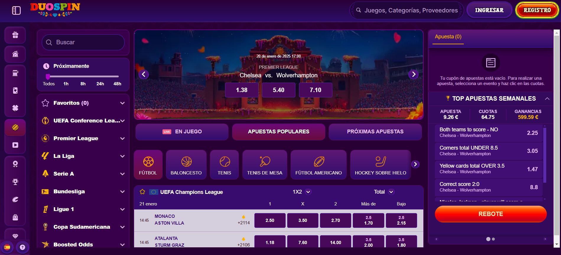 Interfaz de apuestas deportivas de Duospin