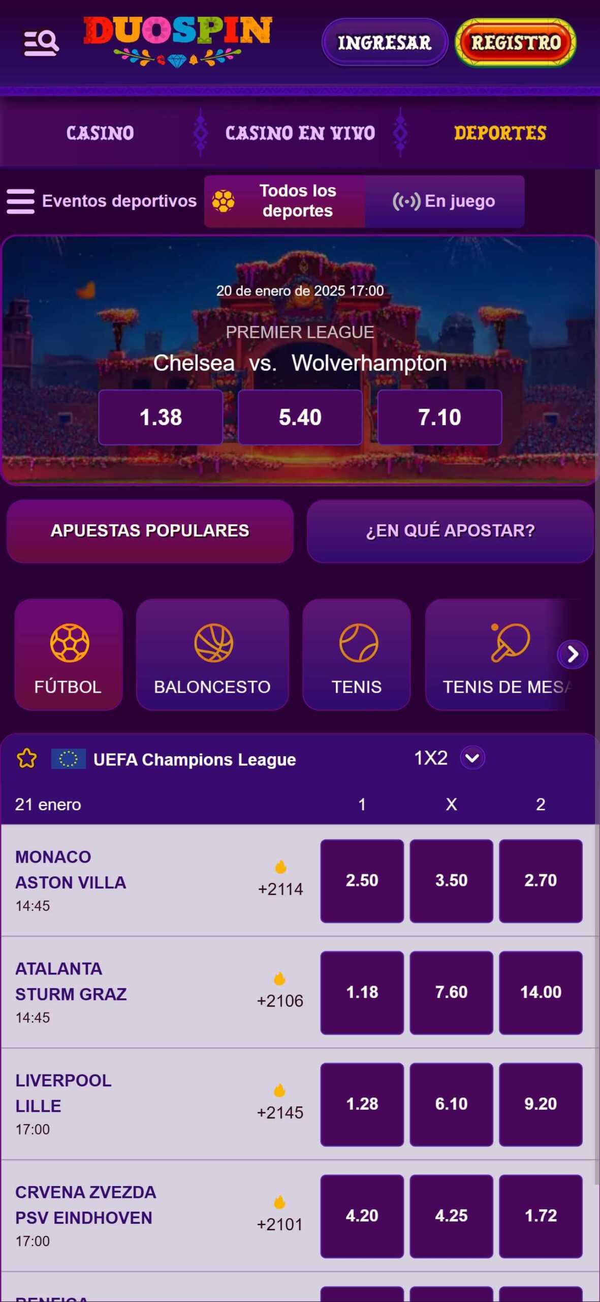 Interfaz de apuestas deportivas de Duospin