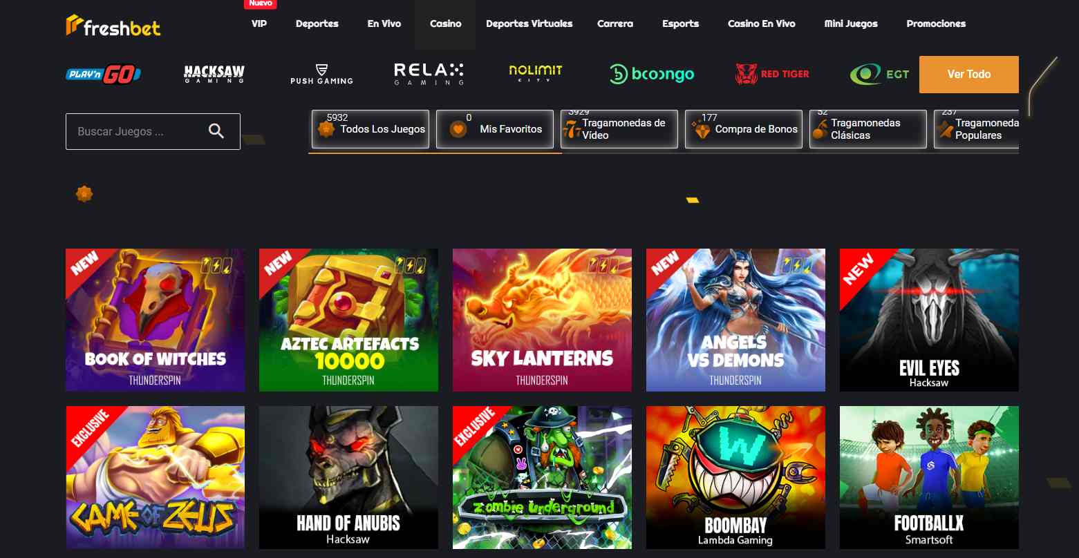 Interfaz del casino de Freshbet