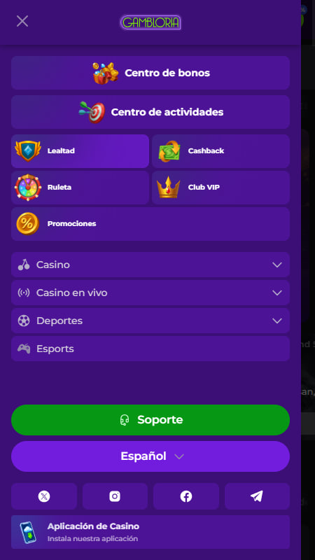 Gambloria Casa de Apuestas en España Menú de Navegación