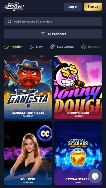 Interfaz del casino de Gangsta