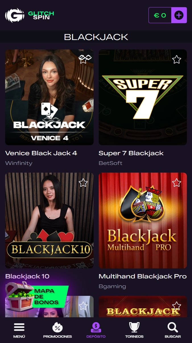 Mesas online de Blackjack en GlitchSpin
