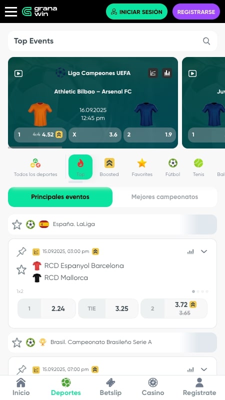 Interfaz de apuestas deportivas de GranaWin