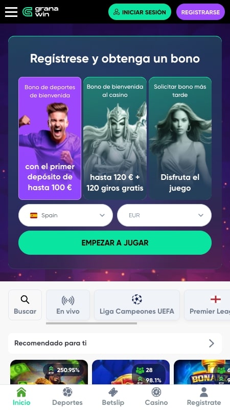 Página principal de la casa de apuestas GranaWin