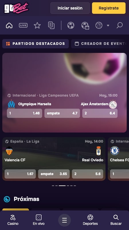 Interfaz de apuestas deportivas de GtBet