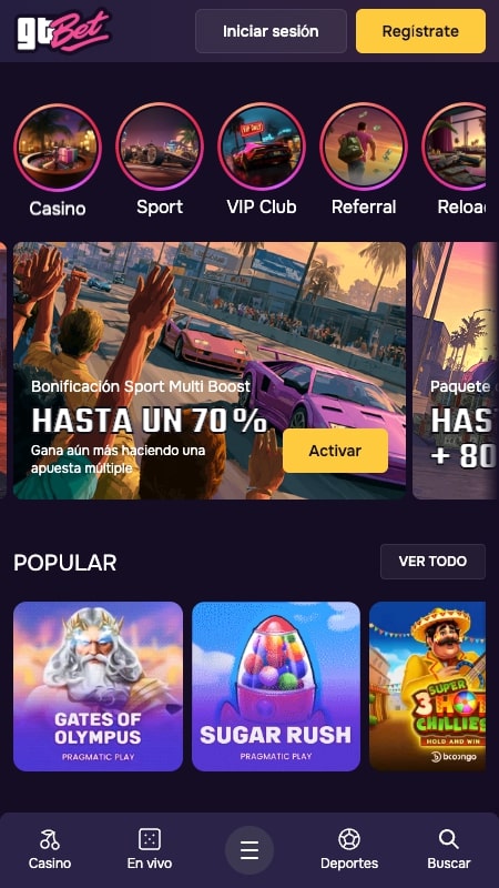 Página principal de la casa de apuestas GtBet