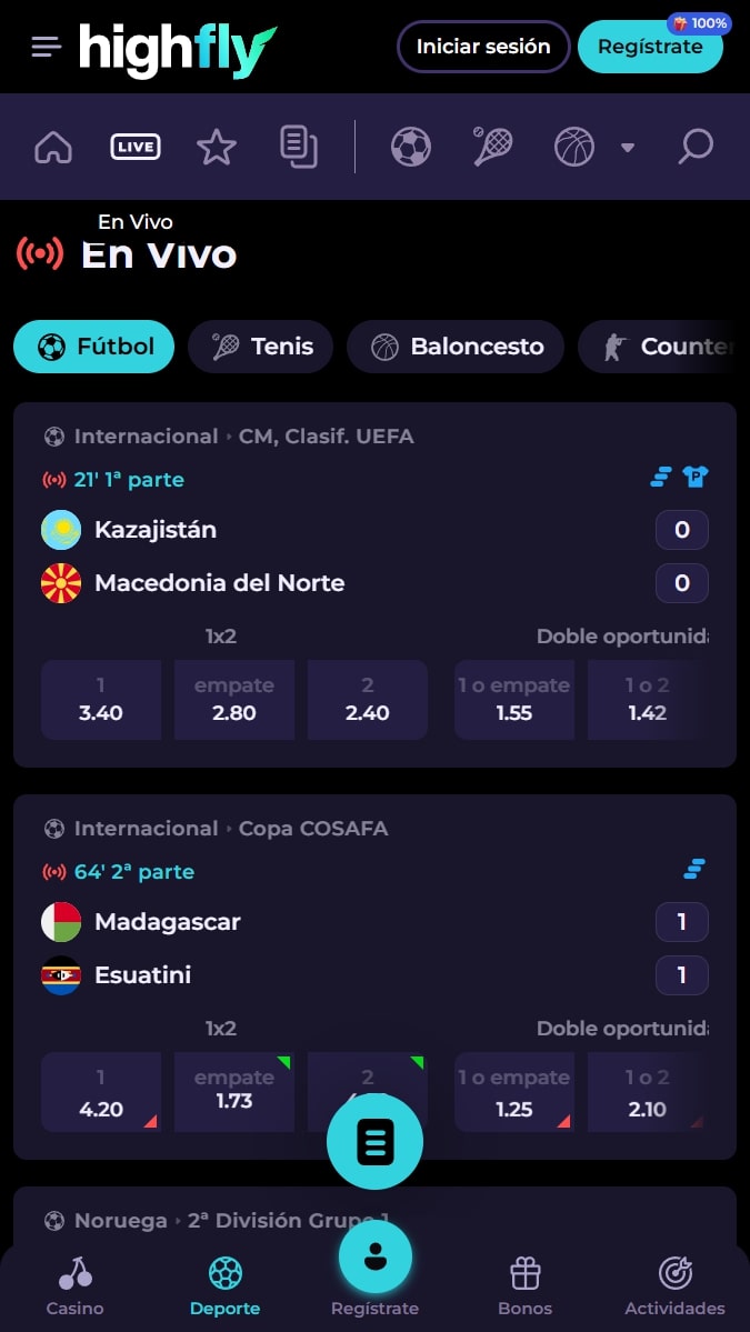 Interfaz de transmisión y apuestas en vivo Highflybet