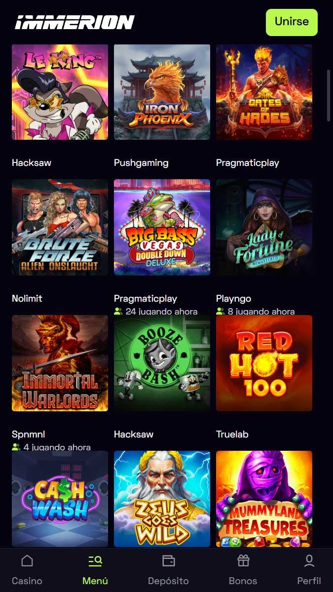 Juegos de tragaperras populares en Immerion