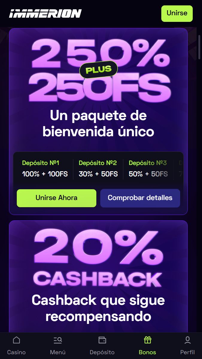 Immerion bonos y promociones para sección de casino