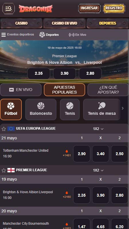 Sección de apuestas deportivas en línea en Dragonia
