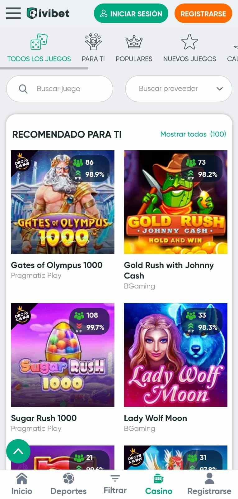 Interfaz del casino de Ivibet