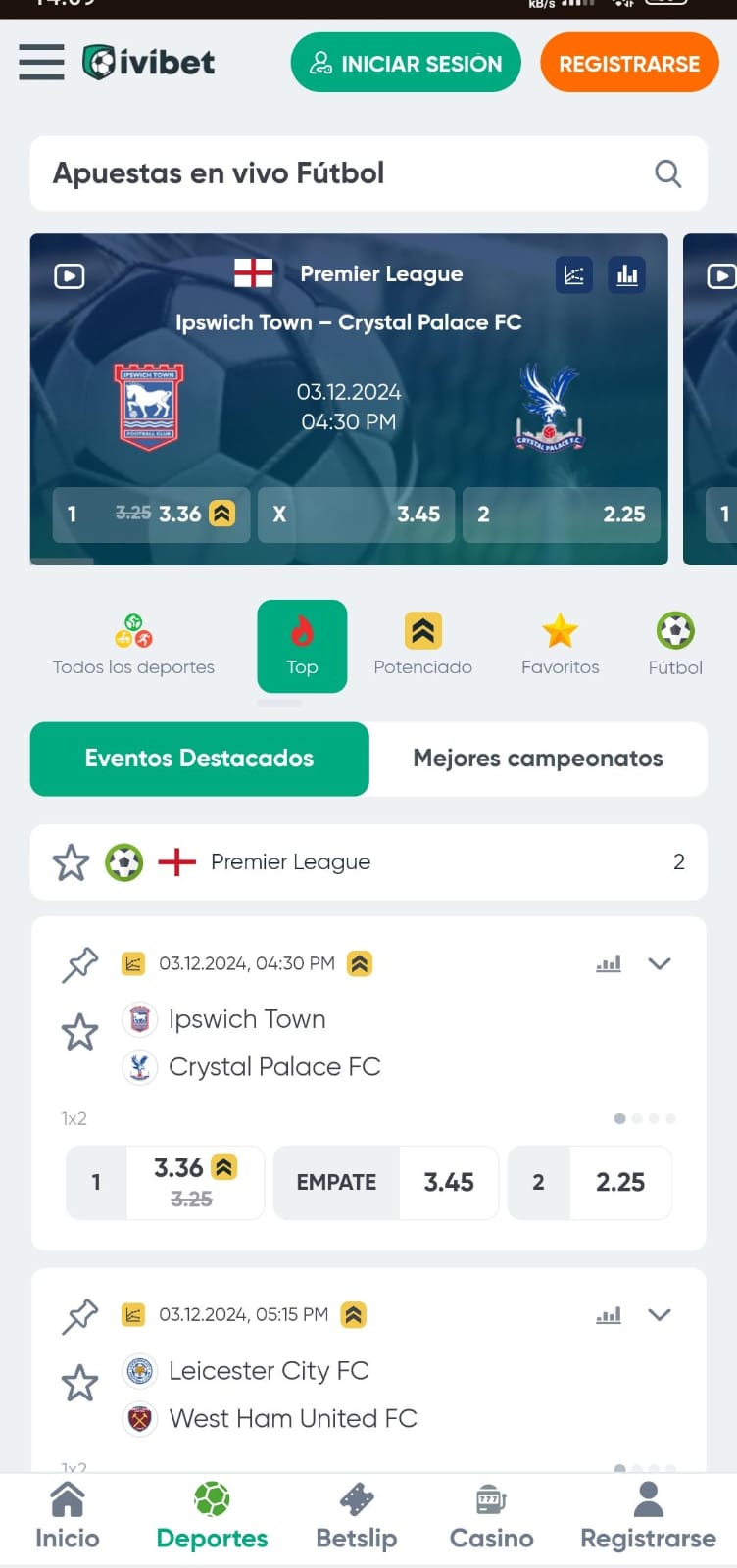 Interfaz de apuestas deportivas de Ivibet