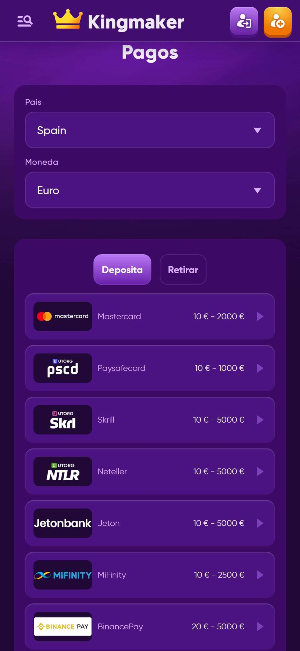 Kingmaker Payments Spain(mobile), apuestaes.net