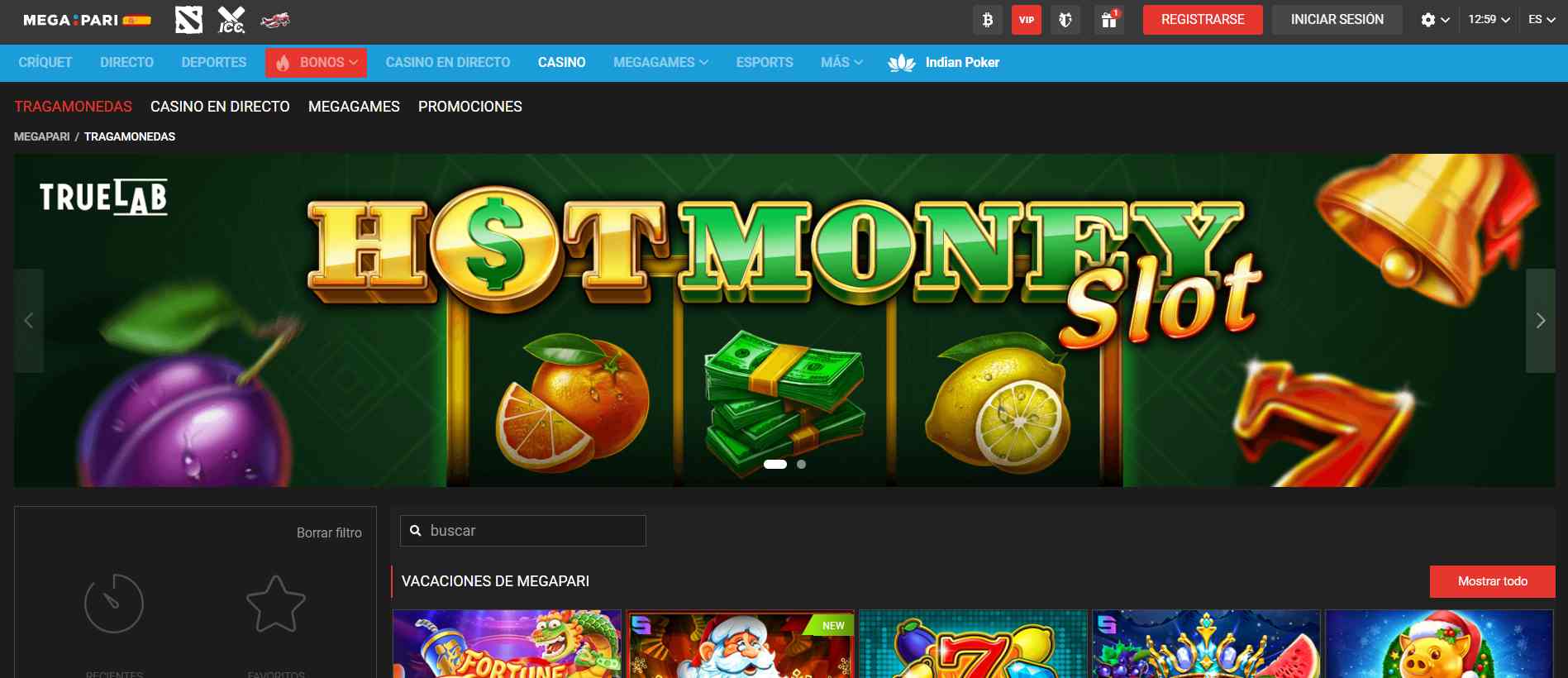 Sección de casino en línea en Megapari