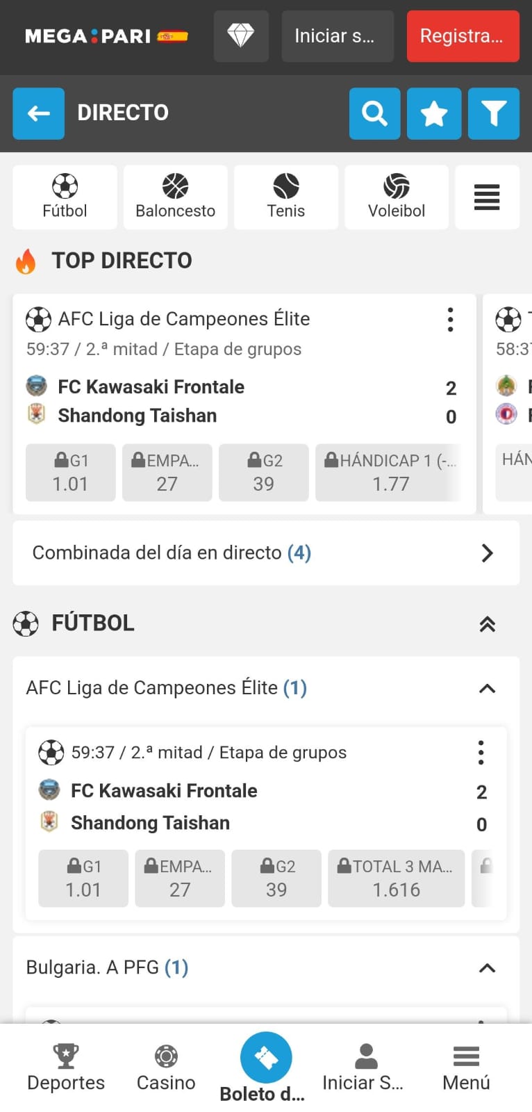 Sección de apuestas deportivas en línea en Megapari