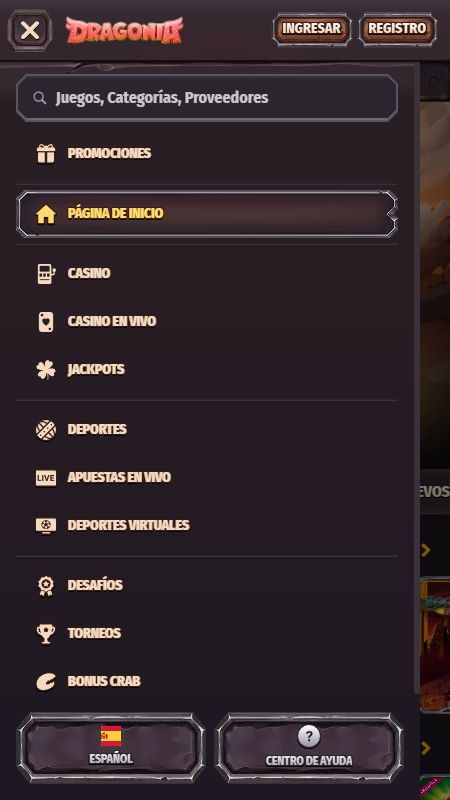 Explora las opciones del menú completo del sitio web de Dragonia