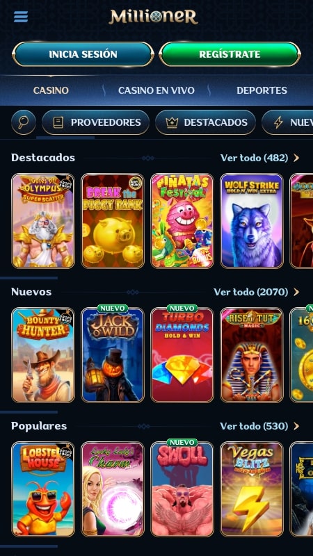 Interfaz del casino de Millioner