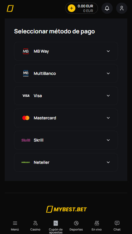 Métodos de pago de MyBest Casa de Apuestas