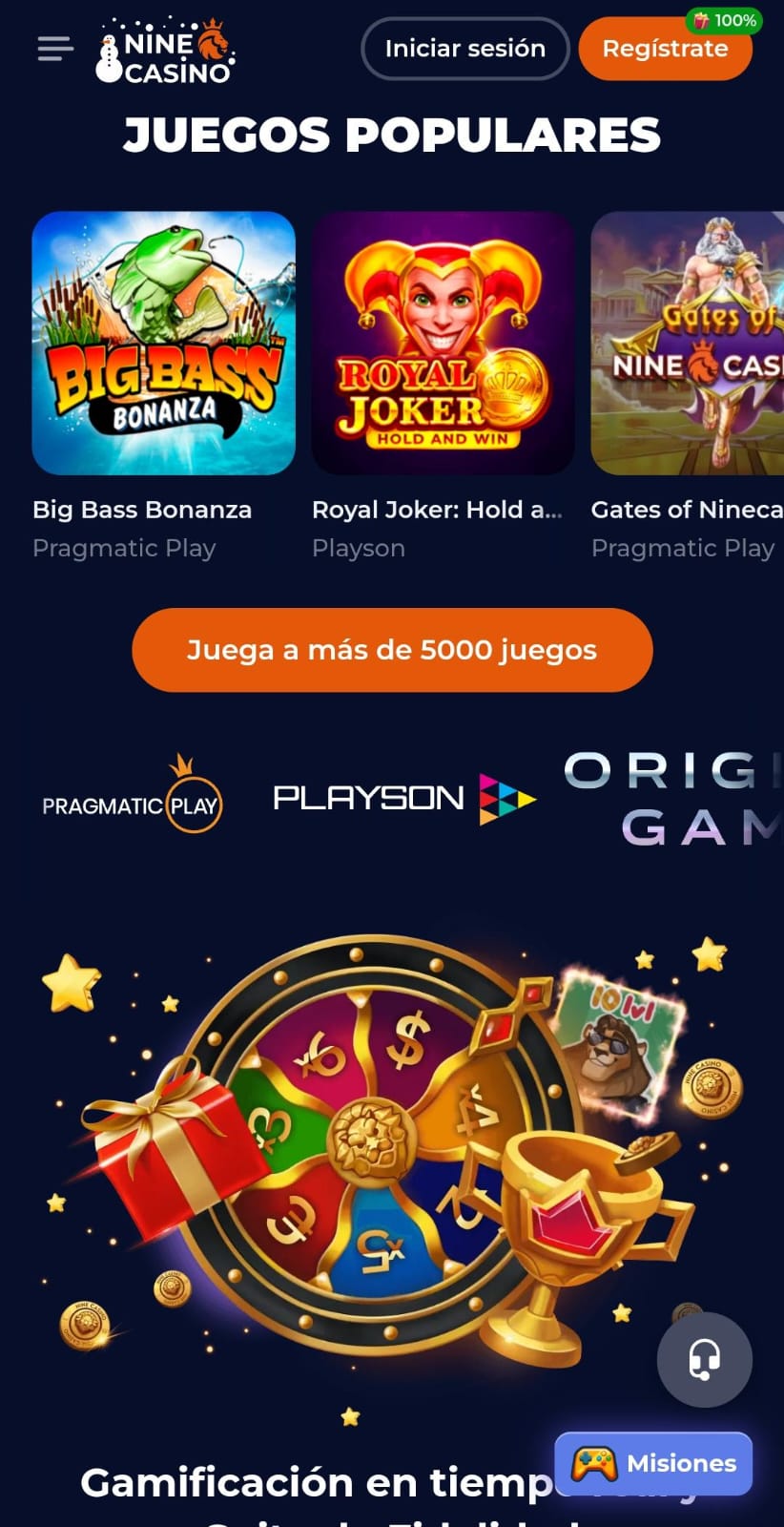 Interfaz del casino de Nine Casino