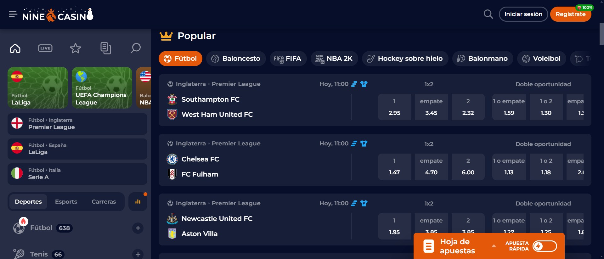 Sección de apuestas deportivas en línea en Nine casino