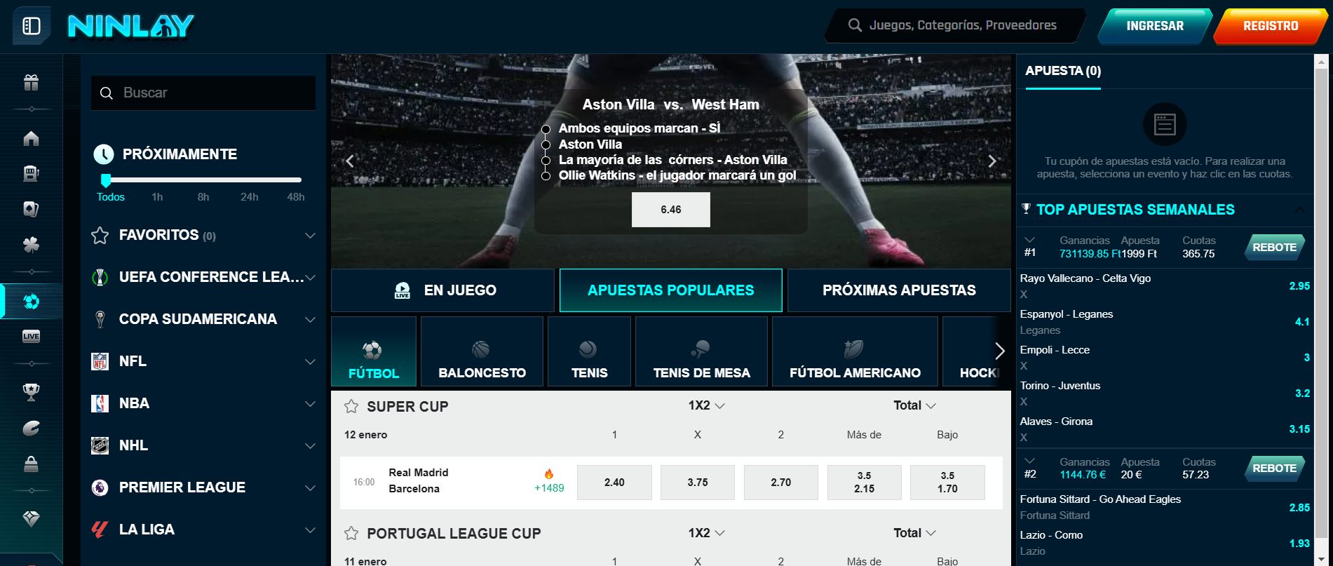 Sección de apuestas deportivas en línea en ninlay