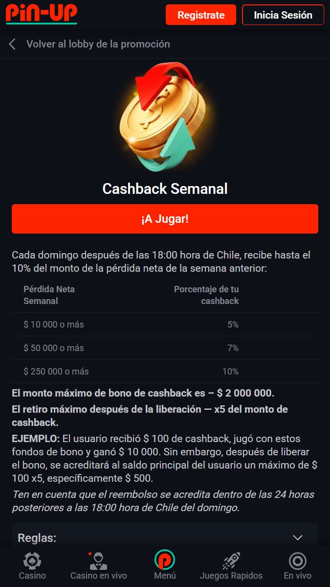 Bono para devolver su dinero en Pin-up Chile