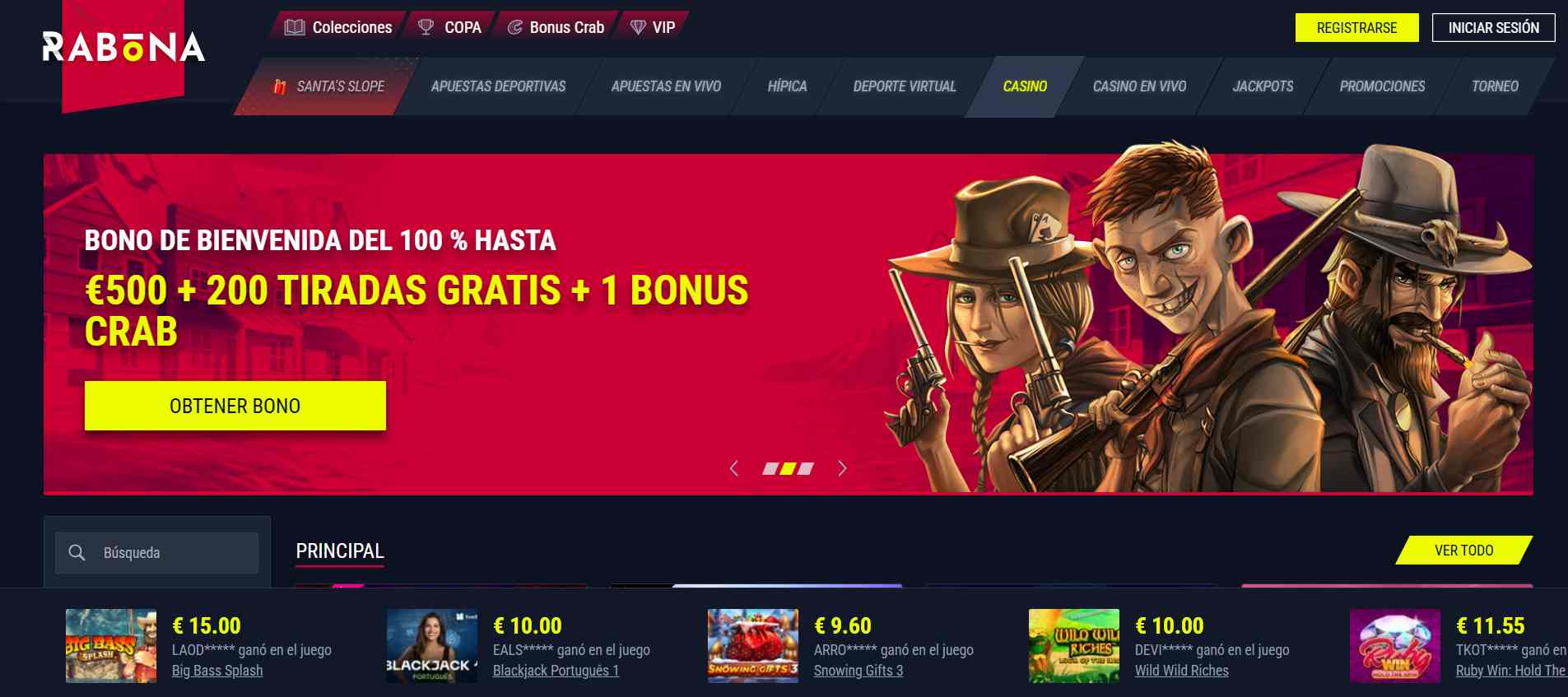 Interfaz del casino de Rabona